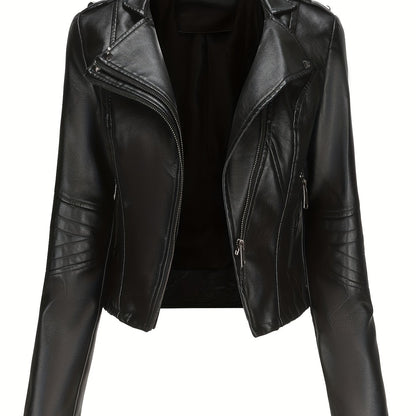 Women'S Casual Faux Leather Jacket, Solid Color, Long Sleeve, Regular Length, Fall/Winter, Zipper Placket, Woven, Non-Stretch Fabric, 100% Polyurethane, Lapel Collar, Dipped Hem Detail