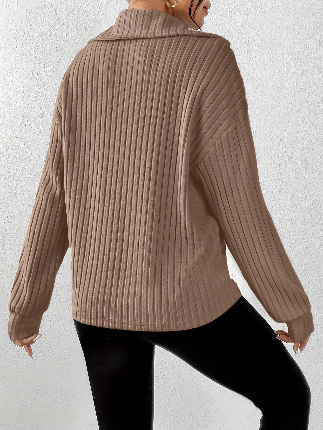 [Everyday Elegance] Women's Elegant Ribbed Knit Collared T-Shirt - Black, Long Sleeve, Zip-Up Design, Soft Polyester Blend, Machine Washable, Perfect for Spring & Fall, Ladies T Shirts