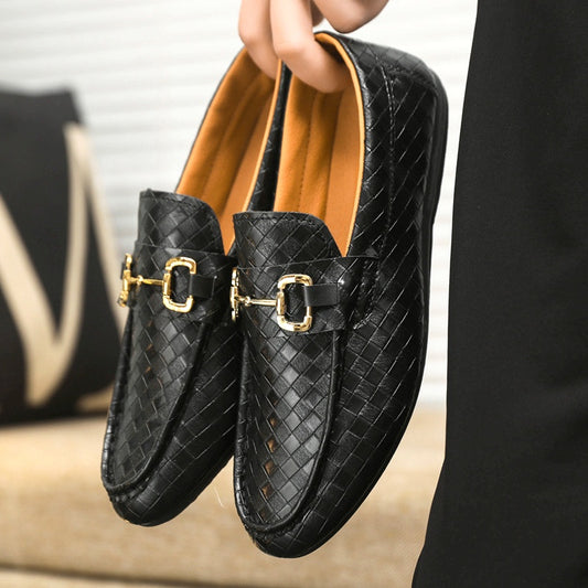 Men's Slip-On Loafers - Black & Tan Casual Shoes with Golden-Tone Metal Accents, Round Toe Comfort, All-Season Versatile for Office & Social Events, Casual Attire, Elegant Style, Premium Material, Modern Gentlemen