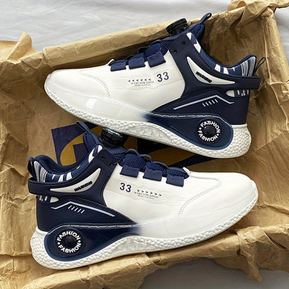 [Athletic Performance] Men's Breathable Casual Sneakers - Stylish Loafers with Rotating Buckle, Navy Blue & White Design, Comfortable PU Upper & PVC Sole for Casual Attire, Running, and Outdoor Activities