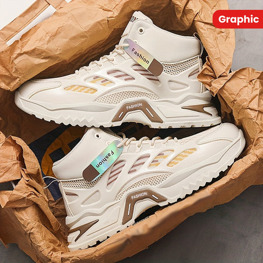Fashion Mid-Top Sneakers for Men - Casual Street Style Athletic Shoes with Graphic Pattern, Lace-Up Closure, All-Season Round Toe Trainers with PU Upper, Fabric Lining & Insole, Anti-Slip PVC Sole