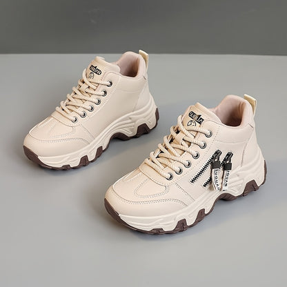 Women's White Platform Sneakers - Chunky Platform Shoes with Cushioned PVC Sole, Lace-Up Low-Top for Everyday, Travel, Office - All-Season Synthetic Cover - Leg-Lengthening Design, Ladies Sneakers, Travel Footwear, Chunky Sol
