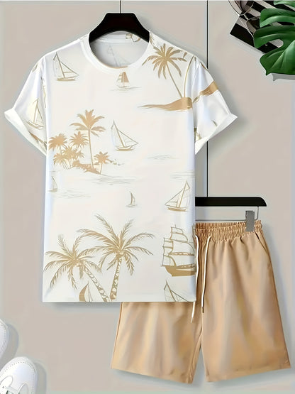 Men's 2025 Summer New Short Sleeve Shorts Set: Beach Casual 3D Coconut Tree Print, 2pcs Fashionable Palm Pattern T-Shirt and Shorts with Slight Stretch Polyester Knit Fabric, Slim Fit for Outdoor Activities & Family Gathering