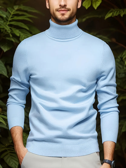 Men's Sleek Light Blue Turtleneck Sweater - Casual Knit Pullover with Ribbed Cuffs, Long Sleeves for Fall/Winter, Soft Viscose Blend