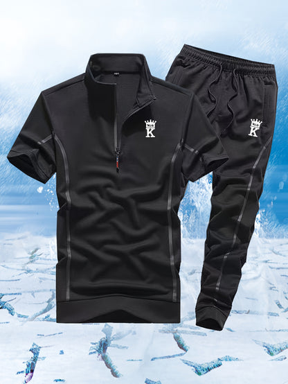 Men's Summer Casual Stand Collar Drawstring Sportswear Set