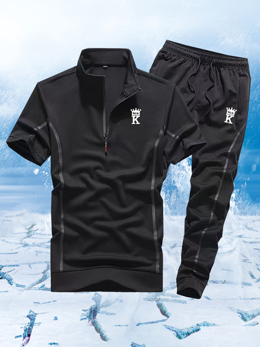 Men's Summer Casual Stand Collar Drawstring Sportswear Set