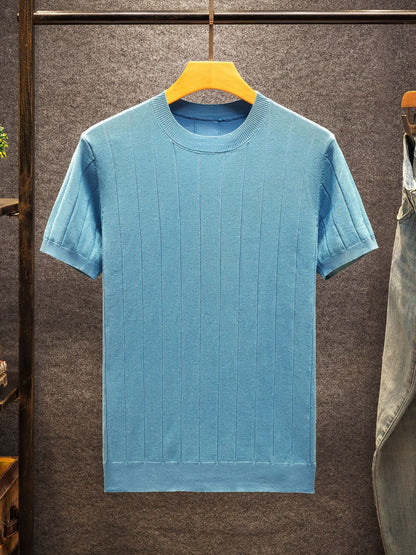 Men's Slim Fit Striped Textured Knit Crew Neck T-Shirt - High Elasticity Short Sleeve Casual Top for Spring/Autumn, Breathable Daily Leisurewear, Spring Fashion, Classic Style, Durable Construction, Pullover Shirt, Stylish Me