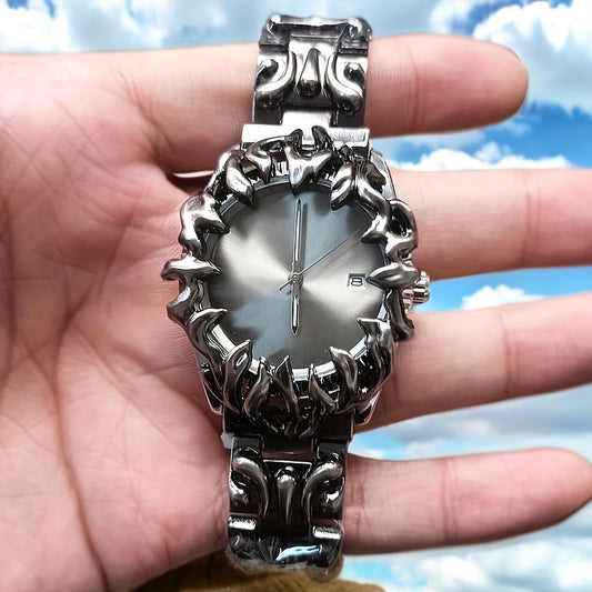 PINTIME Men'S Fashion Vintage Style Quartz Watch, Round Dial, Alloy Case, Pointer Date Display, Battery Powered, Non-Rechargeable Button Battery, with Calendar, for Men, Birthday Gift, Father'S Day, Mardi Gras Day, Campus Wea