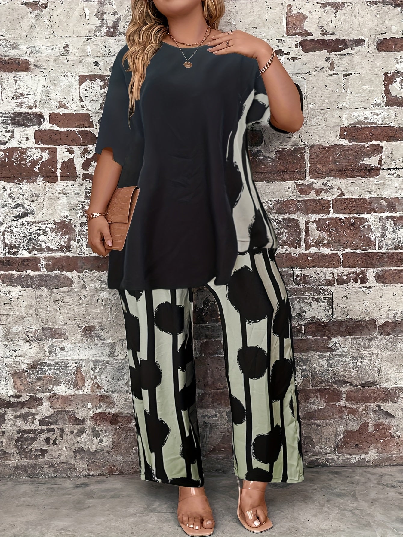 Plus Size Women'S Black Printed Sweater Set - Casual Long Sleeve Pullover with "LOVE" Design, Wide Leg Pants, Non-Stretch Fabric, Perfect for Fall & Winter, Autumn Winter Wear|Casual Style|Comfortable Fit