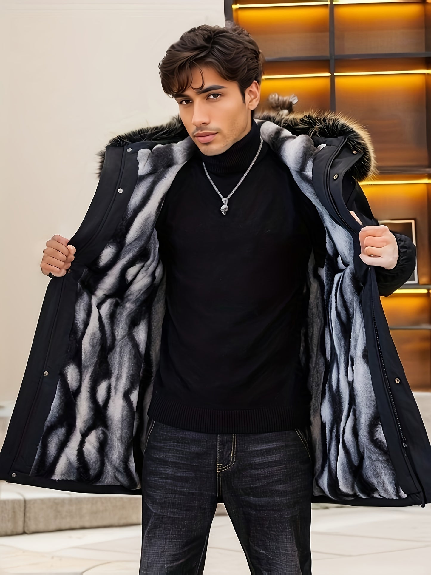 Men's Heavy-Duty Hooded Winter Jacket with Mountain Logo Back Print, Full-Zip Long Coat & Pockets - Large Hood for Extreme Cold, Machine Washable -Filled Outerwear (Casual/Climbing/Skiing) - Black, Winter Boots For Men, Men W