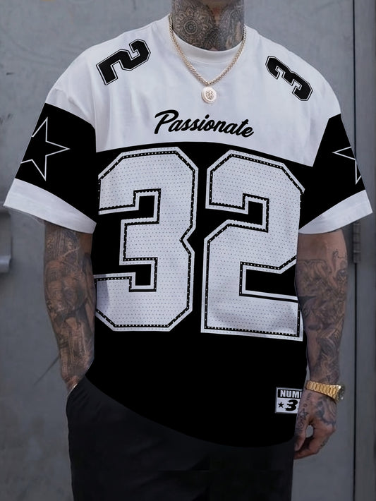 Men'S Summer Casual Crew Neck T-Shirt - Short Sleeve, Print Number 32 Design, White & Black Contrast, Regular Fit Casual Top for Casual Attire, Leisure Clothing | Contrast Color Top | Comfortable Fit
