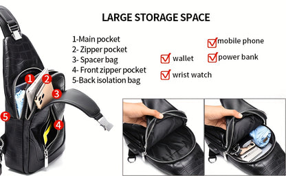 HUABUPS Men'S Black Crossbody Bag with USB Charging Port, Adjustable Strap & Multiple Compartments - Durable Business Travel Sling Bag for Daily Commute, Work, and Travel, Travel Backpack, Work Essentials Carrier, Textured Fi