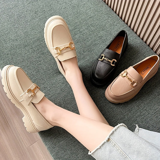 Women's Summer Fashion Loafers - Slip-On Platform Shoes with Metallic Buckle Decor, Round Toe, Cream/Black/Brown, Thick Sole TPU Material for Casual Outdoor Wear