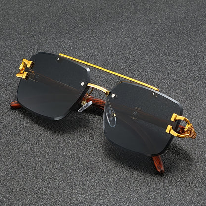 A Pair of Frameless, Beveled-Edge, Square Double-Beam Glasses, New Trendy Leopard-Print Fashion, Faux Wood Grain, Versatile for Men And Women, for Taking Photos.
