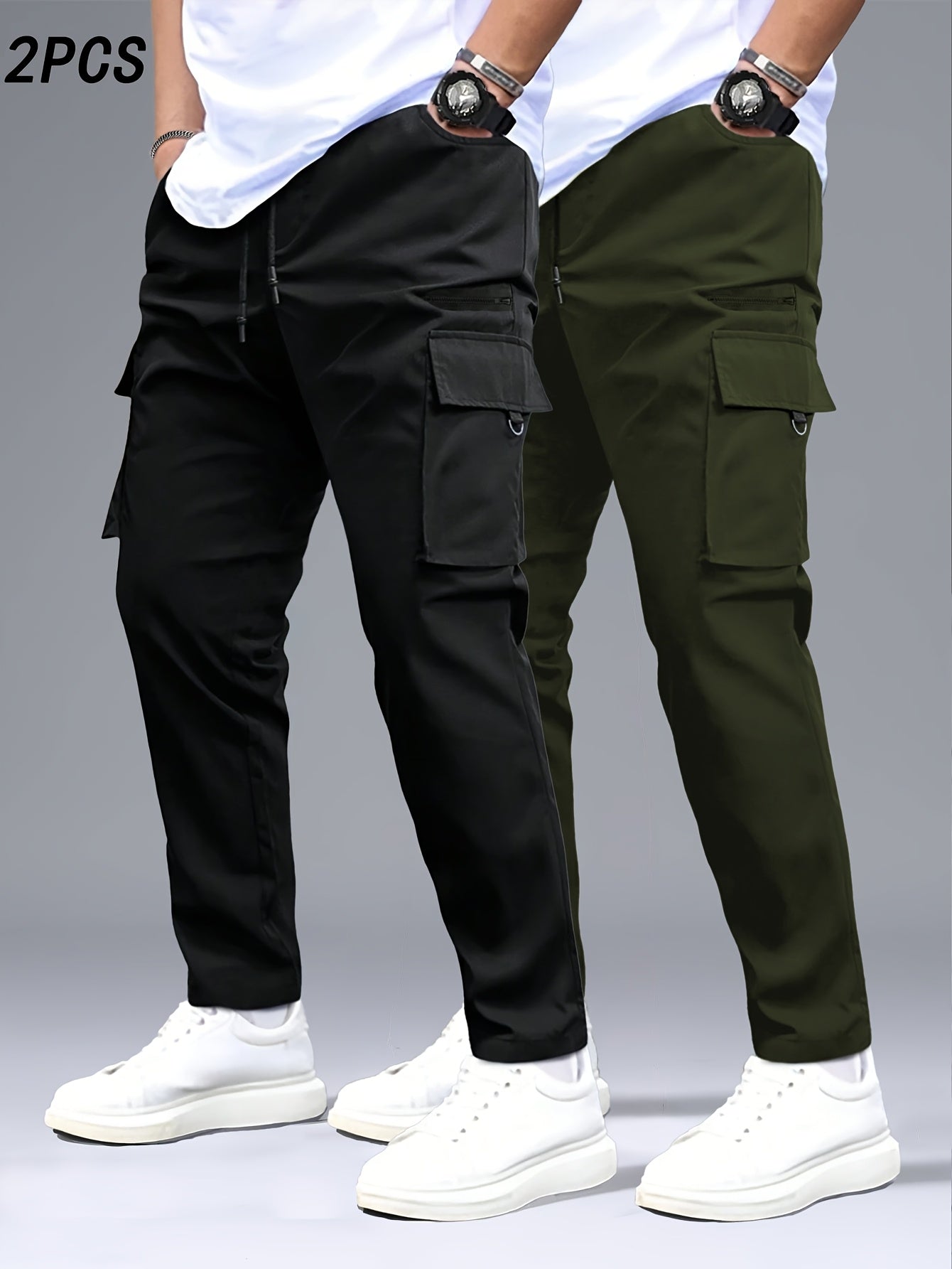2pcs Men's Cargo Pants, Black & Gray with Drawstring Waist and Multiple Pockets, Durable Polyester, Ideal for Outdoor Activities and Casual Wear, Casual Wear Pants | Multiple Pocket Design | Durable Fabric Pants
