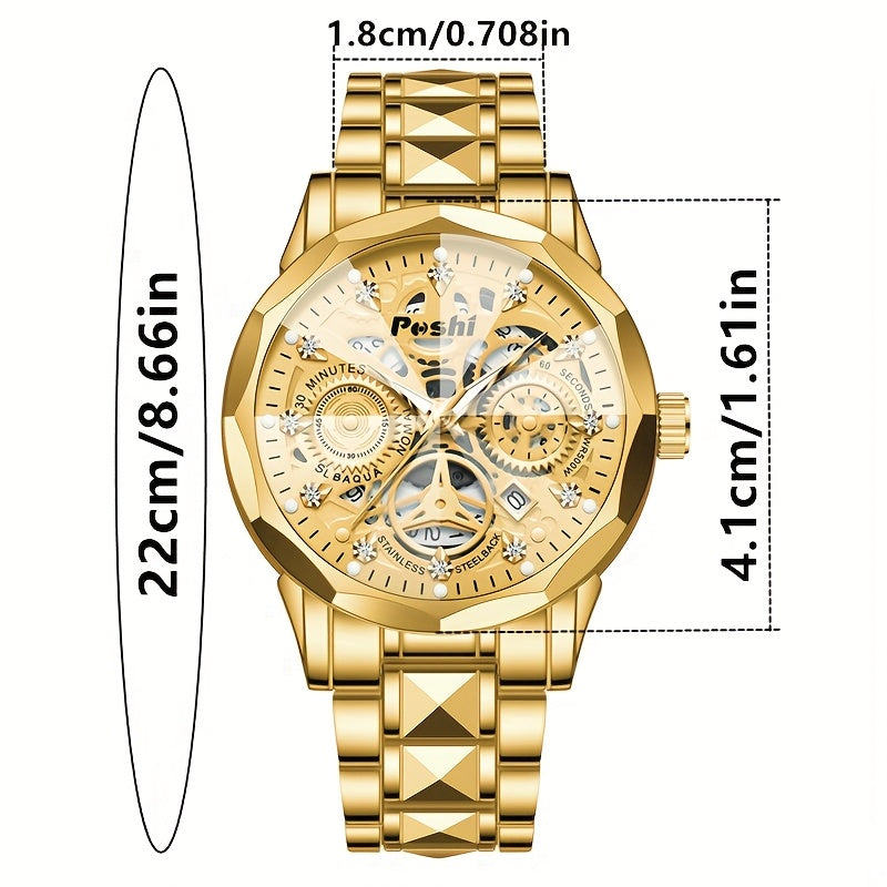 POSHI Men's Luxury Golden-Tone Quartz Watch with Rhinestone Accents, Luminous Waterproof Design, Calendar Feature, and Stylish Hexagonal Hands - Perfect Business Gift for Men, Formal Timepiece