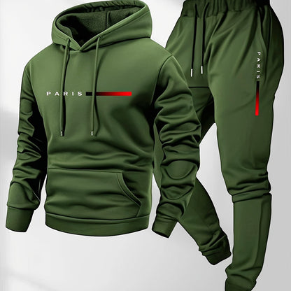 Men's Hoodie and Drawstring Sweatpants Set with PARIS Letter Print