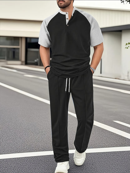 Men's Casual Mixed Color Spliced Set: Shirt and Drawstring Pants, Clean and Comfortable