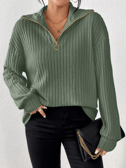 [Everyday Elegance] Women's Elegant Ribbed Knit Collared T-Shirt - Black, Long Sleeve, Zip-Up Design, Soft Polyester Blend, Machine Washable, Perfect for Spring & Fall, Ladies T Shirts