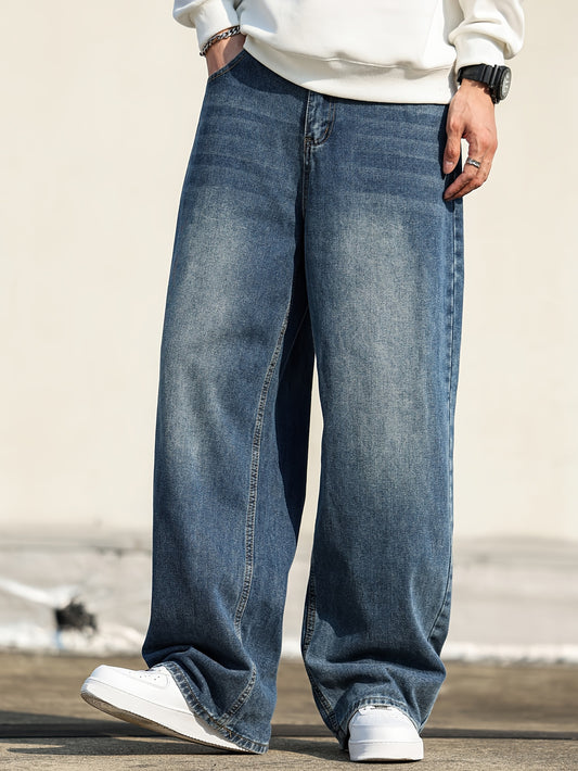 Men'S Casual Loose Fit Wide Leg Denim Jeans, Cotton Blend, Non-Stretch, Solid Color, with Pockets, for All-Season Wear, Fashionable Street Style Trousers