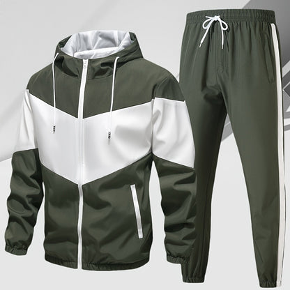 Men's Casual 2-Piece Outfit, Stylish Color Block Zip Up Hooded Jacket, Breathable Solid Color Drawstring Pants
