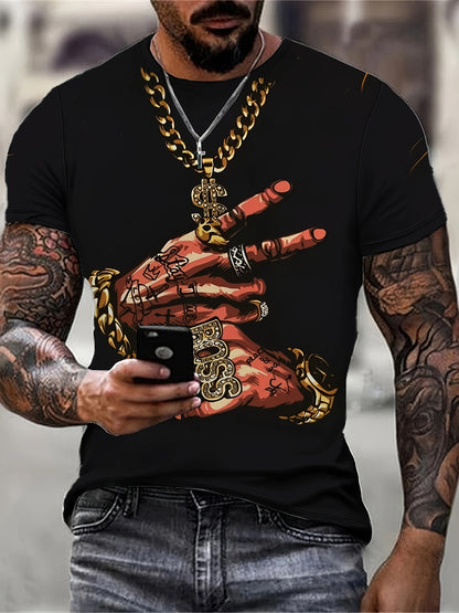 Men's Hands Print T-shirt, Casual Short Sleeve Crew Neck Tee, Men's Clothing For Outdoor
