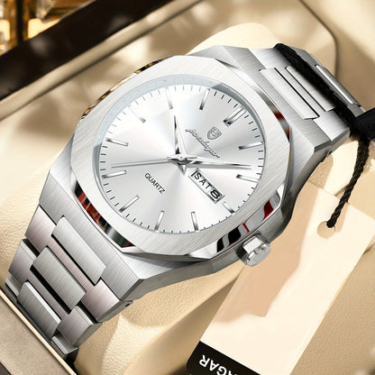 POEDAGAR Men'S Luxury Quartz Watch - Waterproof, Luminous Calendar, Stainless Steel Band, Business Style, Blue & Golden Accents, 3ATM, Non-Rechargeable Button Battery, Perfect for Spring Festival & Valentine'S Day Gifts