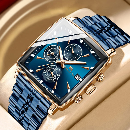 VA VA VOOM Brand New Arrival 1pc Fashionable Golden & Blue & Silveryy & Black Stainless Steel Strap, Oversized Square Dial, Multifunctional Six Needle Three Eyes, with Calendar Window, Luminous Function, High-Quality Fashiona