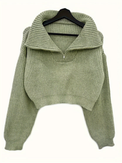 Autumn and Winter Half-Zip Short Fashion Lantern Sleeve Pullover Sweater to Show Your Figure and Versatile