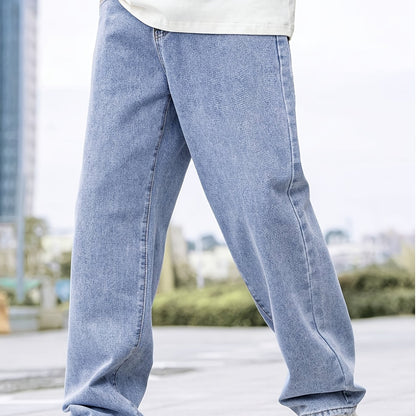 Men'S Classic Casual Denim Jeans, 80% Cotton 20% Polyester, All-Season Regular Fit, Non-Stretch Solid Color, 380g/m² Woven Fabric, Washed Detail, Adult Regular Length Pants