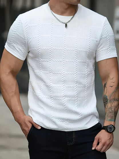 Men'S Casual Embossed Pattern Short Sleeve T-Shirt, 100% Polyester Crew Neck Knit Fabric, Slight Stretch, Solid Color Top