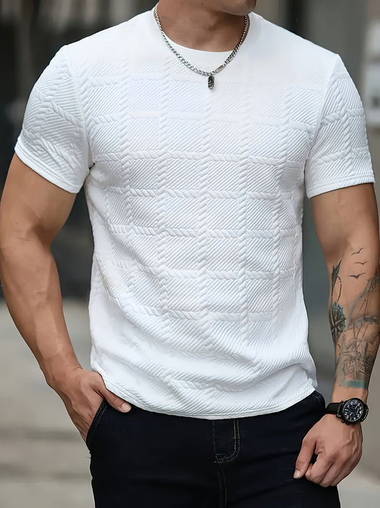 Men'S Casual Embossed Pattern Short Sleeve T-Shirt, 100% Polyester Crew Neck Knit Fabric, Slight Stretch, Solid Color Top
