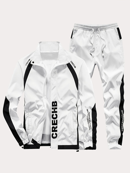 Unisex Sportswear Set for Spring And Autumn, Featuring a Zip-Up Jacket with a Stand Collar And Striped Long Pants in Black And White, a Stylish Outfit That Makes a Great Gift, Sweat-Resistant, Hand Wash Only, Workout Accessor