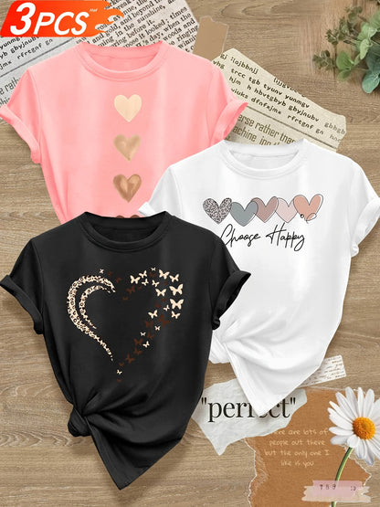 Leopard Print Small Butterfly Love Hearts in Pairs with English Letter Pattern Printed Fashion Retro Style Women's Spring, Autumn and Winter Casual Sports Top Round Neck Short Sleeve T-shirt 3pcs Combination Pack Family Pack