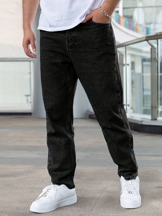Men'S Loose-Fit Jeans, Cotton Blend Street Style Denim Pants, Non-Stretch Solid Color, Regular Length, with Multiple Pockets for All-Season Wear