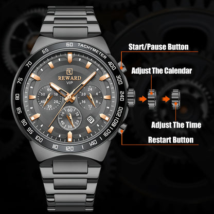 Men's Chronograph Sports Watches with Light, Stainless Steel and Quartz VIP