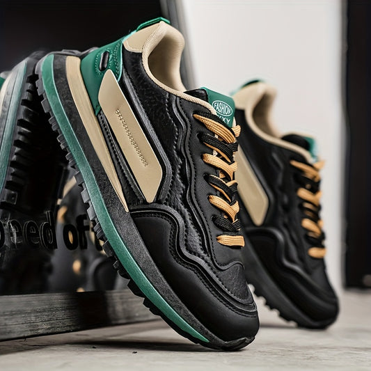 Men's Retro Color-Block Casual Sneakers with Thick Platform Sole for Height Increase - Black & Golden Stripes, PU Upper & Durable PVC Outsole, All-Season Versatile Lace-Up Shoes for Outdoor, Daily Wear & Casual Style, High To