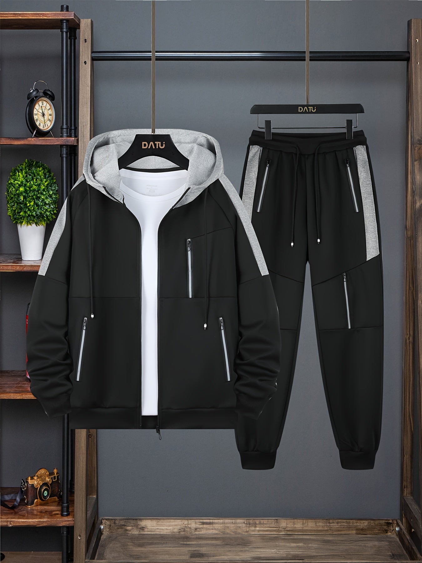 Men's Casual 2-Piece Outfit, Men's Stylish Zip-up Hoodie With Pockets, Color Block Drawstring Pants