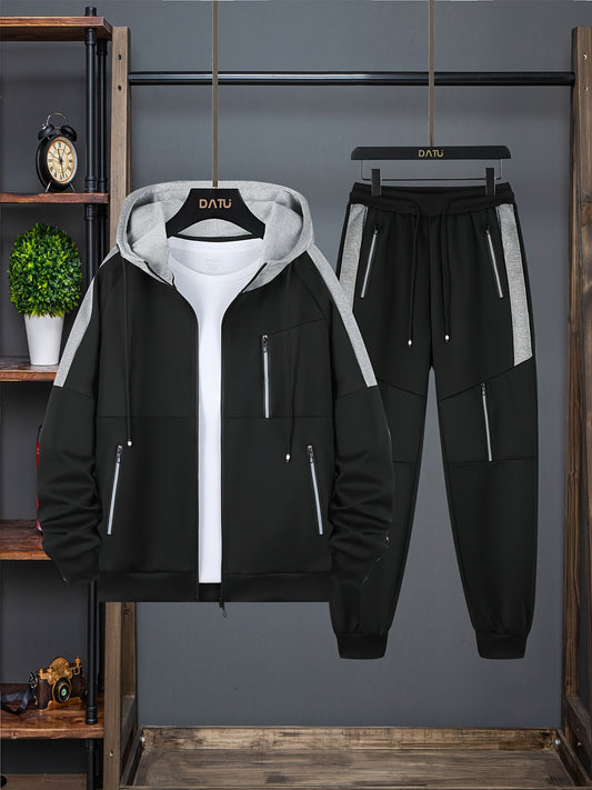 Men's Casual 2-Piece Outfit, Men's Stylish Zip-up Hoodie With Pockets, Color Block Drawstring Pants