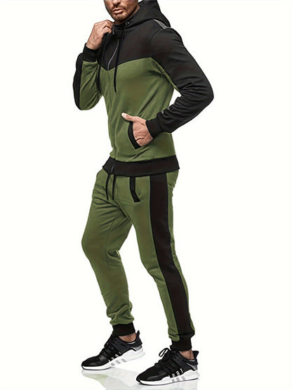 Men'S Casual Hoodie Set for Autumn And Winter, Featuring a Hooded Sweatshirt And a Sporty Cardigan in a Patchwork Design.