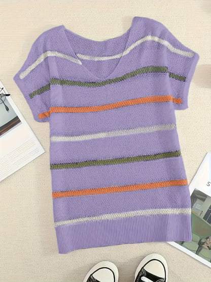 Women'S Casual Spring/Summer Striped T-Shirt - Short Sleeve Pullover with V-Neck, Side Stripes, and "LOVE" Graphic, Lightweight Knit Top for Casual Attire, Casual Wear | Graphic Tee | Knit Texture