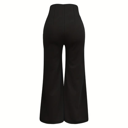Elegant Double-Breasted Waistband Casual Pants, Solid Color, Polyester, Machine Washable - All Seasons, Queen Style, High-Grade Design