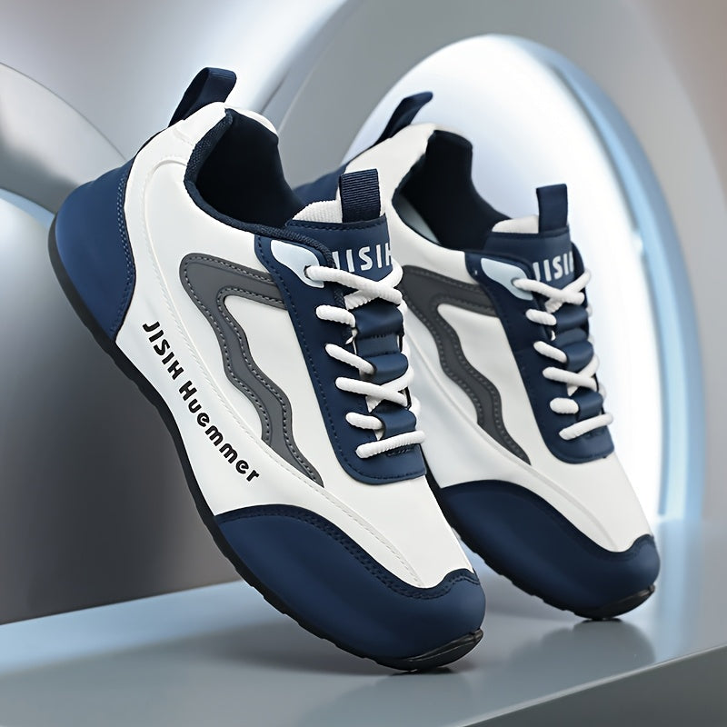 Men's Breathable Color-Block Low-Top Running Shoes - White & Navy Blue Contrast Design, Durable PU Upper & PVC Sole, All-Season Non-Slip Traction for Gym, Jogging, Casual Wear, Jogging Footwear | Sporty Look | Fabric Lined In