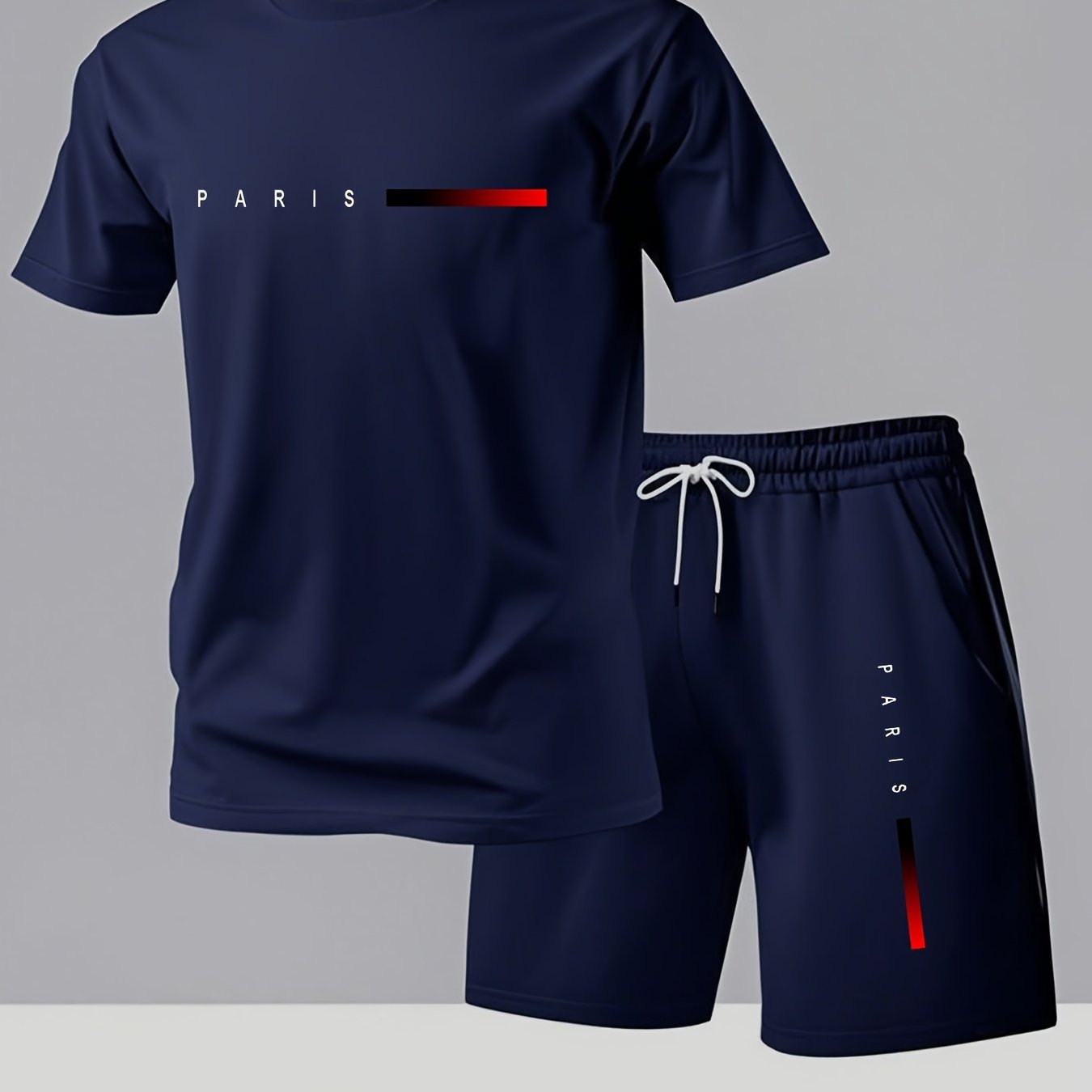 Paris Gradient Letter Print Men's Two-Piece Set: Crew Neck Short Sleeve T-Shirt and Drawstring Shorts Summer Casual Sportswear