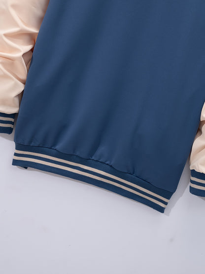 Men's Casual Baseball Jacket & Pants Set - Color Block, Polyester, Button-Up with Belt Detail for Spring/Fall