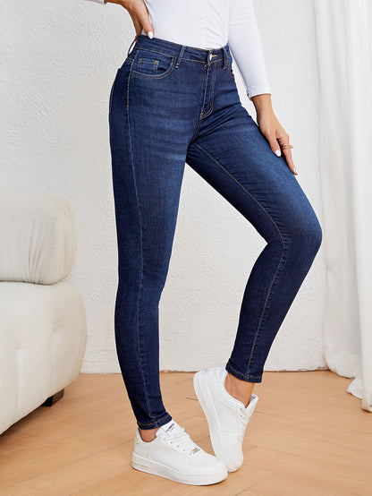 Women's Casual Plain Light Blue Skinny Jeans, Stretchy Denim Pants, Classic Design, High Waist Slim Fit For Everyday Fashion - Perfect For Fall & Winter