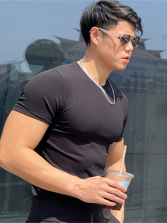 Men's Athletic Striped Solid Color Fitness Short Sleeve T-Shirt, Quick-Dry Stretchy Polyester Sports Tee for Training, Running, Summer, Slim Fit, Round Neck, Knitted Fabric