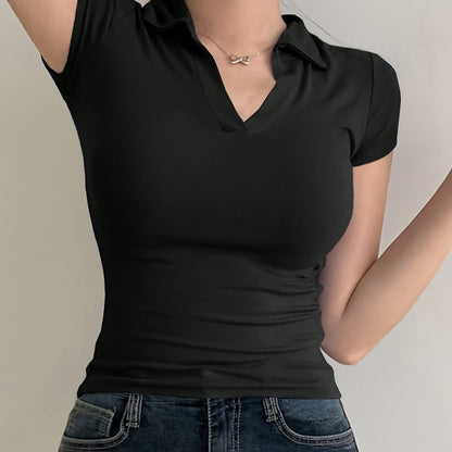 [Sleek Fit] Women's Slim Fit Short Sleeve Shirt - Elegant Black V-Neck Tee, Stretchy Polyester Blend, Machine Washable, Perfect for Spring/Summer/Fall, Short Sleeve Blouses