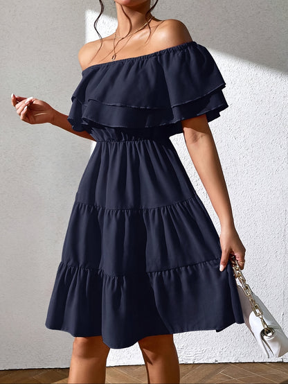 Կանացի «Off the Shoulder Ruffle» Casual զգեստ, պոլիեսթեր 100%, միաձույլ, կահավորված, հյուսված, բոլոր սեզոնների համար