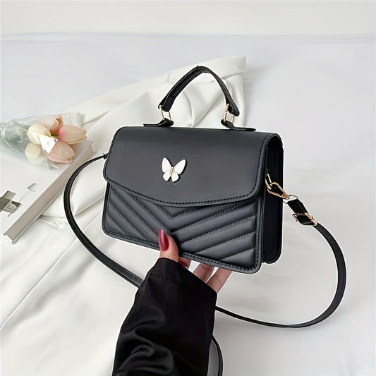 Elegant Women'S Crossbody Bag with Butterfly Decor – Stylish Black Synthetic Synthetic Faux Leather Handbag, Quilted Design, Magnetic Closure, Versatile Solid Color Shoulder Bag for Everyday Use, Small Crossbody Bag